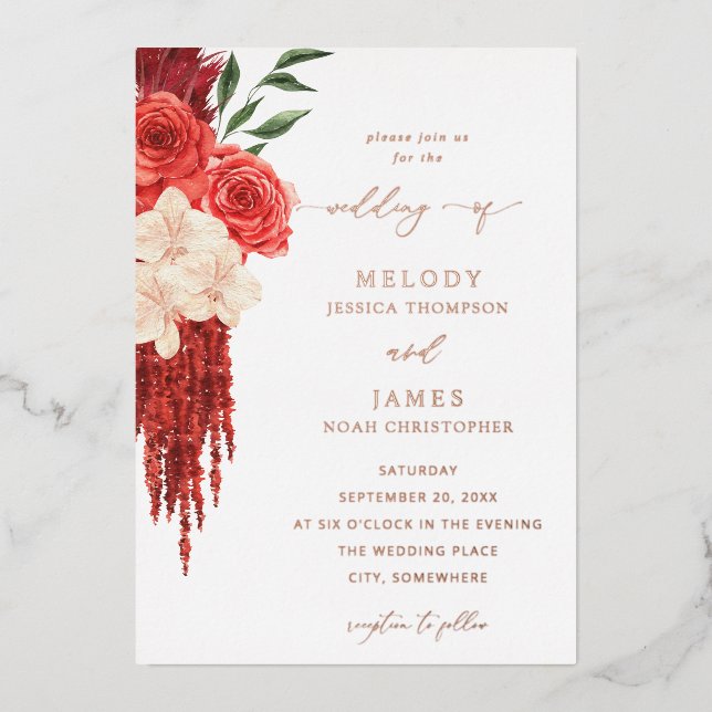 Faire-part de mariage à huile de fleurs rouges (Recto)