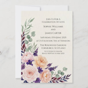Faire-part de mariage à la lavande avec des roses