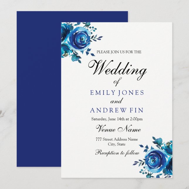 Faire-part de mariage à la rose florale bleue de m (Devant / Derrière)