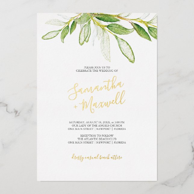 Faire-part de mariage à l'aquarelle avec feuilles  (Recto)