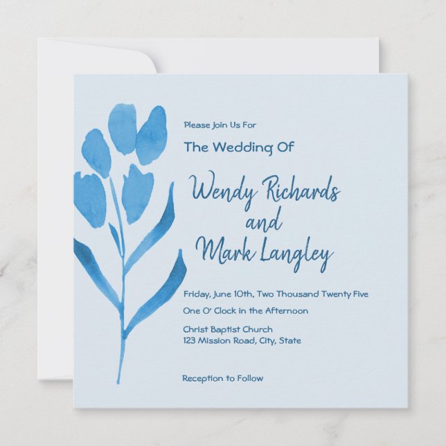 Faire-part de mariage à l'aquarelle bleu poussiére (Devant)