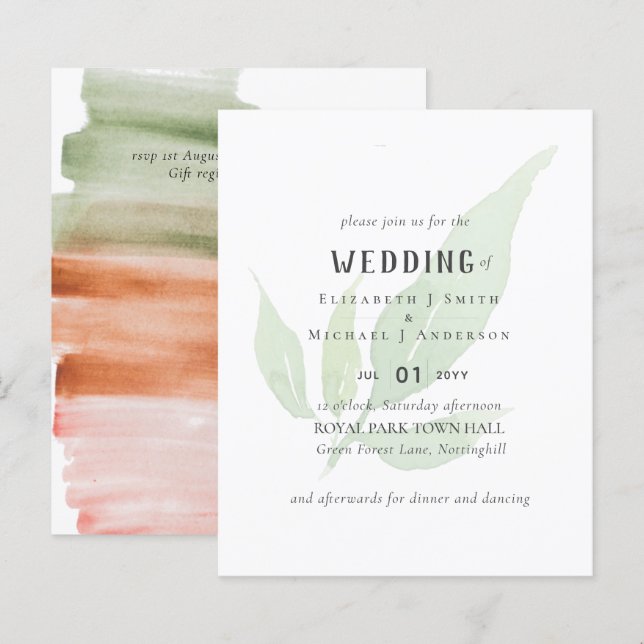 Faire-part de MARIAGE à l'aquarelle de feuille mod (Devant / Derrière)