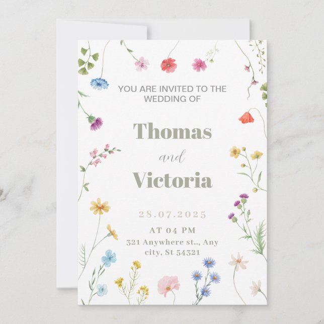 Faire-part de mariage à l'aquarelle florale petite (Devant)