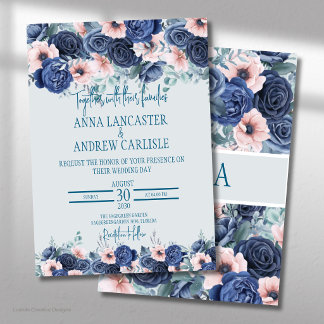 Faire-part de mariage à l'aquarelle Navy & Blush P