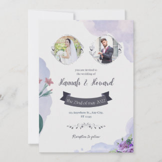 Faire-part de mariage à l'aquarelle violet et blan