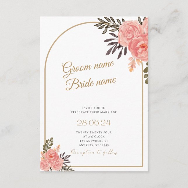 Faire-part de mariage à l'arche florale boho or (Devant)