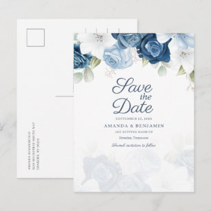 Faire-part de mariage à l'écriture florale bleu po