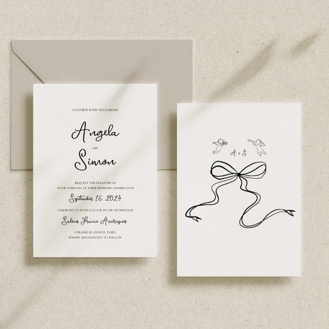 Faire-part de mariage à main Whimsical dessiné Bow (hand drawn wedding invitation, bow cherub illustrated, hand written destination wedding invitation)