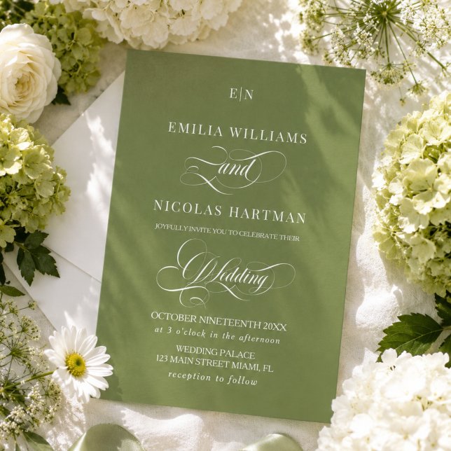 Faire-part de mariage à monogramme blanc vert (Créateur téléchargé)