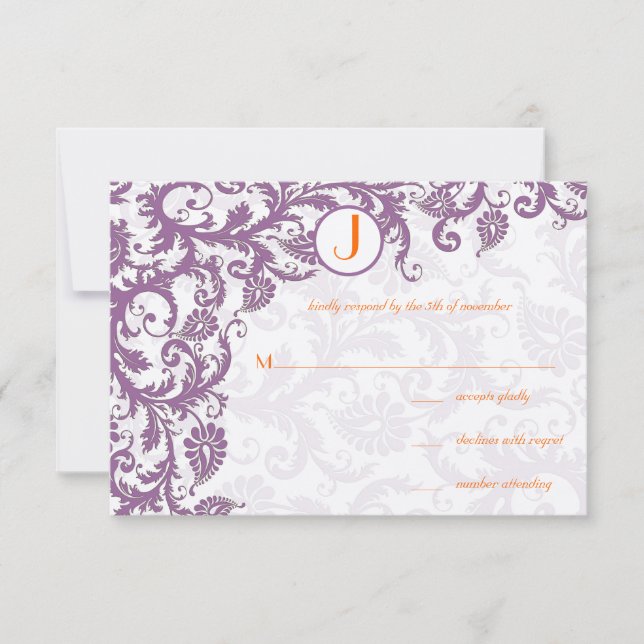 Faire-part de mariage à monogramme damassé Orange  (Devant)