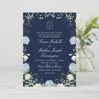 Faire-part de mariage à monogramme d'hortensia ble