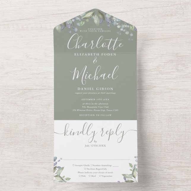 Faire-part de mariage à monogramme script floral v (À l'intérieur)
