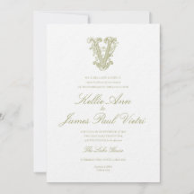 Faire-part de mariage à monogramme « V » vert oliv