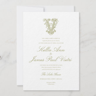 Faire-part de mariage à monogramme « V » vert oliv