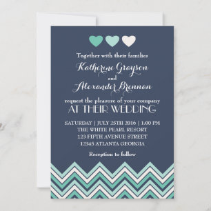 Faire-part de mariage à motif chevron bleu marine