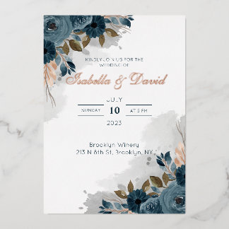 Faire-part de mariage à motif floral bleu poussiér