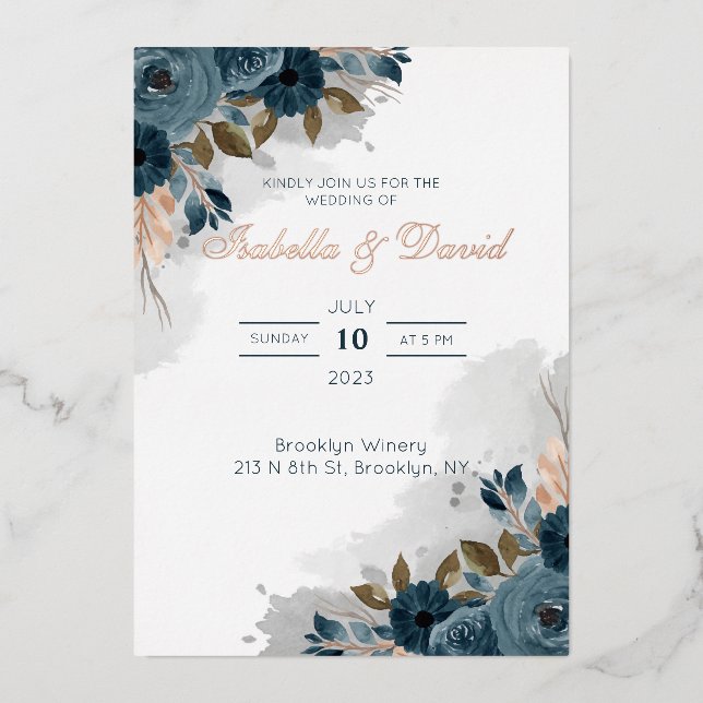 Faire-part de mariage à motif floral bleu poussiér (Recto)