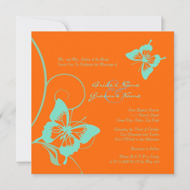 Faire-part de mariage à papillons orange et Turquo (Devant)