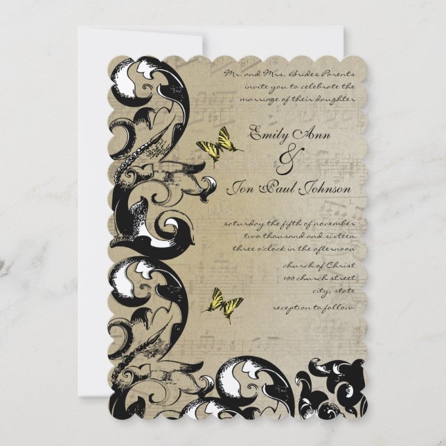 Faire-part de mariage à perruque à papillon jaune (Devant)
