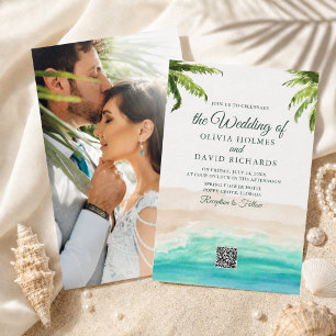 Faire-part de mariage à photo et code QR de plage