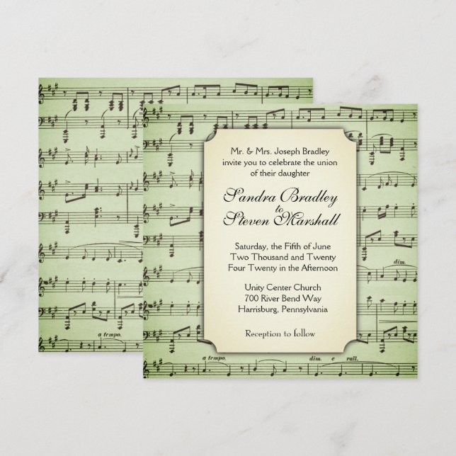 Faire-part de mariage à thème de musique vert (Devant / Derrière)