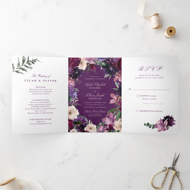 Faire-part de mariage à trois volets floraux pourp (Intérieur)