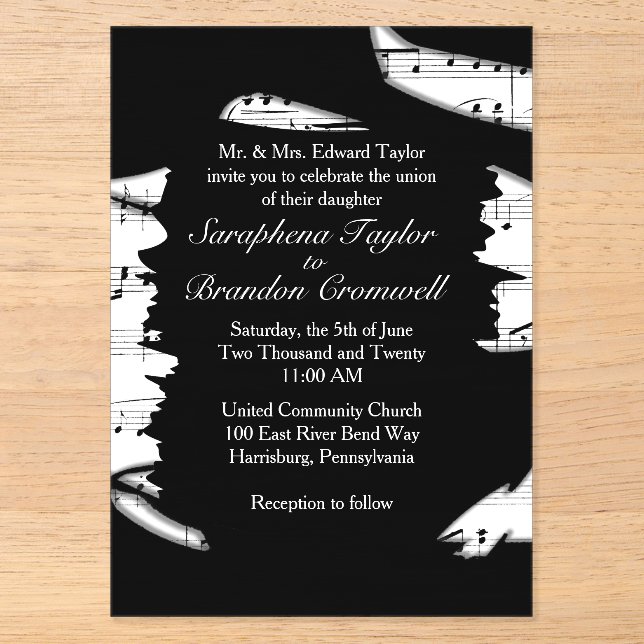 Faire-part de mariage Abstrait de musique noire et (Recto)