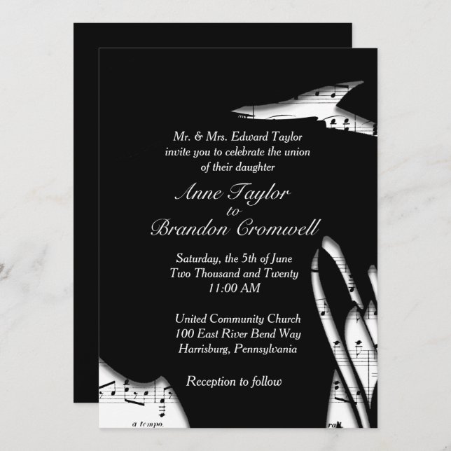 Faire-part de mariage Abstrait de musique noire et (Devant / Derrière)