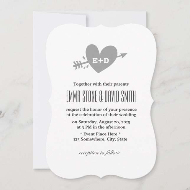 Faire-part de mariage amour coeur et flèche simple (Devant)