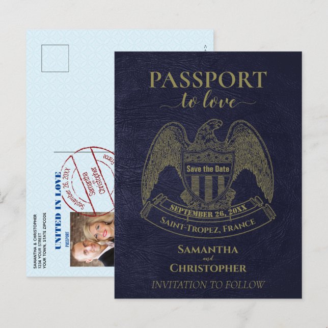 Faire-part de mariage amusant avec passeport bleu  (Devant / Derrière)