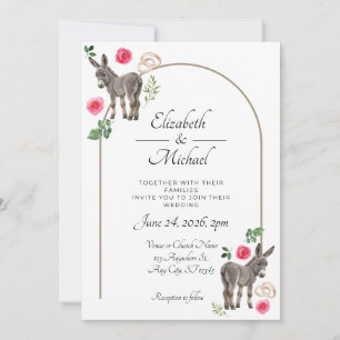 Faire-part de mariage âne rustique floral rose