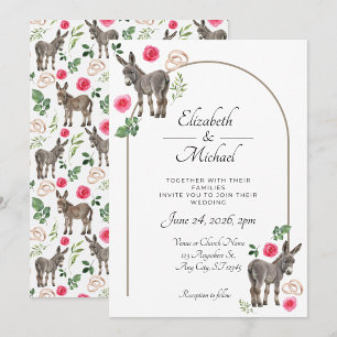 Faire-part de mariage âne rustique floral rose
