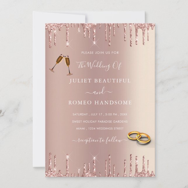 Faire-part de mariage anneaux pailletés blush or r (Devant)