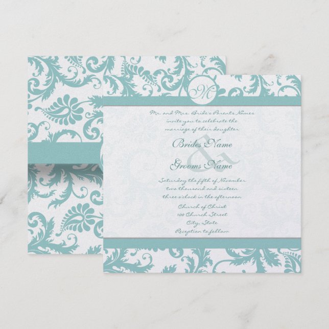 Faire-part de mariage Aqua Blue Damask (Devant / Derrière)