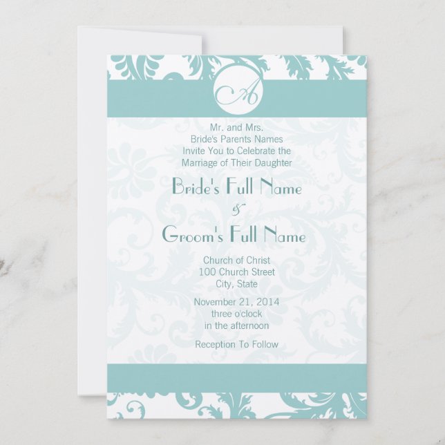 Faire-part de mariage Aqua Blue Damask (Devant)