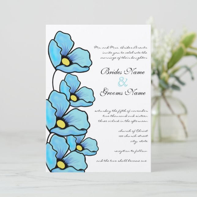 Faire-part de mariage Aqua Blue Poppy Flowers (Debout devant)