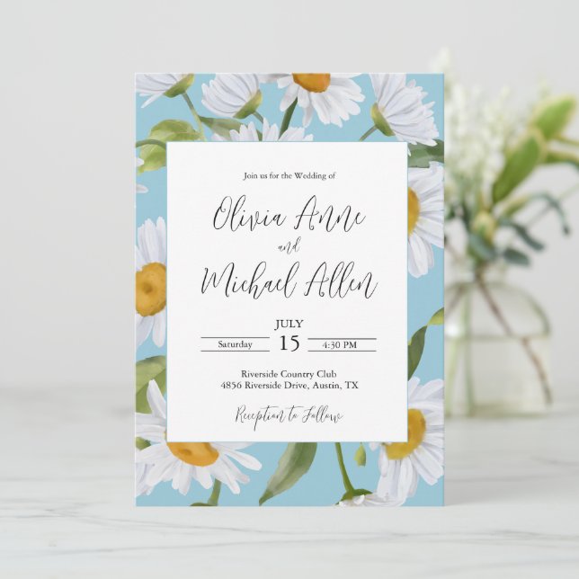 Faire-part de mariage aquarelle bleu avec margueri (Debout devant)