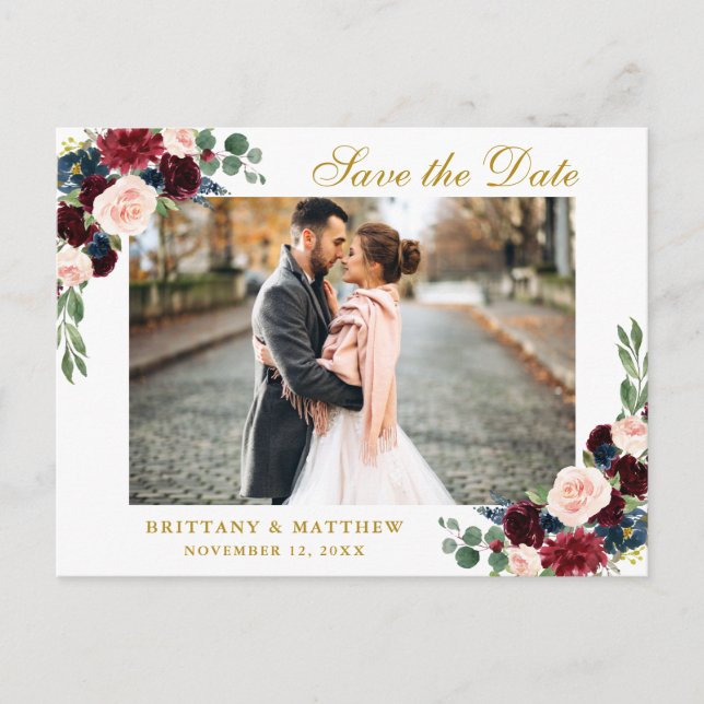 Faire-part de mariage aquarelle bordeaux bleu flor (Devant)