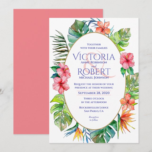 Faire-part de mariage | Aquarelle florale tropical (Devant / Derrière)