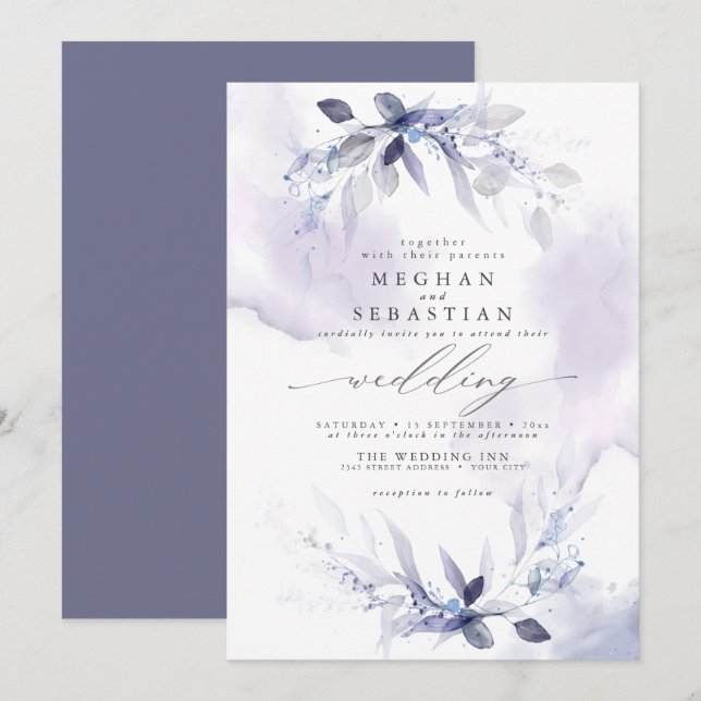 Faire-part de mariage aquarelle prune de rêve (Devant / Derrière)