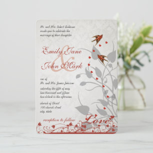 Faire-part de mariage argent à coeurs d'oiseaux ro
