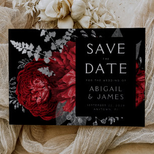 Faire-part de mariage argent rouge floral foncé
