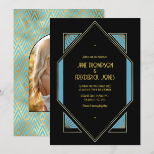 Faire-part de mariage Art Déco bleu et or Gatsby é