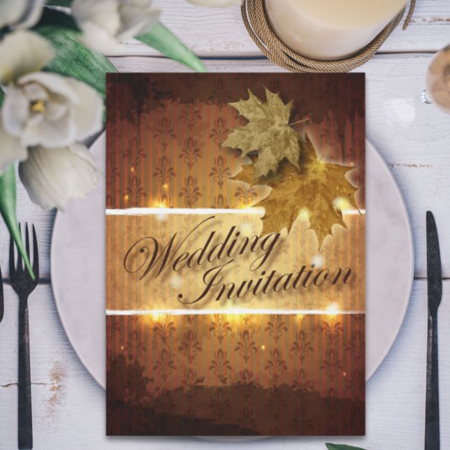 Faire-part de mariage automnal aux feuilles dorées (Damask Golden Leaves Fall Wedding invitation)