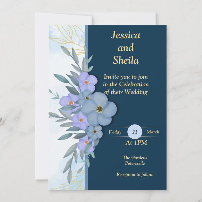 Faire-part de mariage aux fleurs bleues, (Devant)