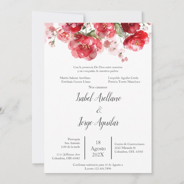 Faire-part de mariage aux fleurs rouges d'Espagne (Devant)