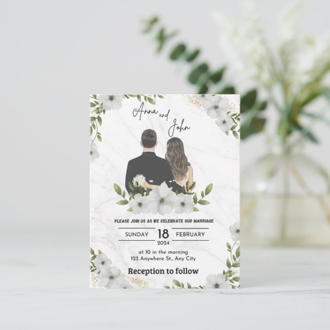 Faire-part de mariage aux fleurs vertes (Debout devant)