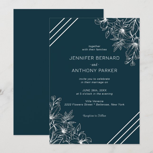 Faire-part de mariage aux lys blancs dessinés à la (Devant / Derrière)