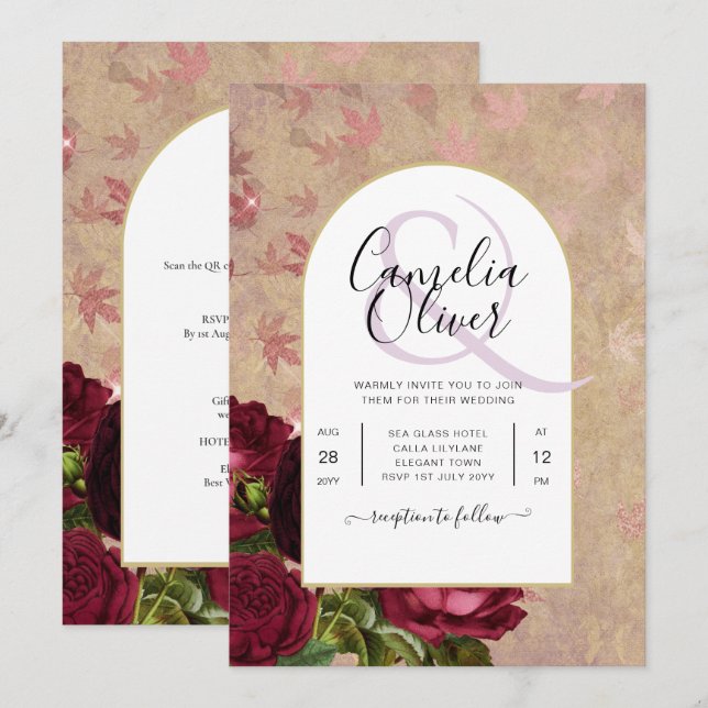 Faire-part de mariage aux roses rouges botaniques  (Devant / Derrière)