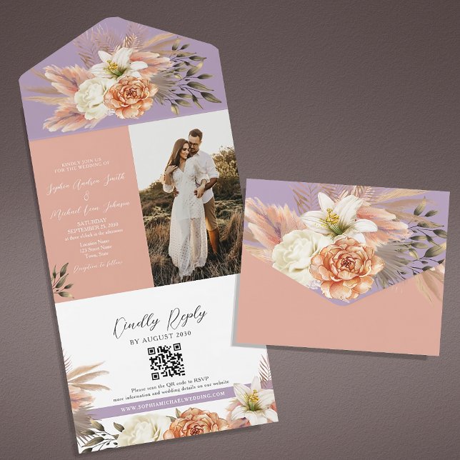 Faire-part de mariage avec code QR floral violet e (Créateur téléchargé)